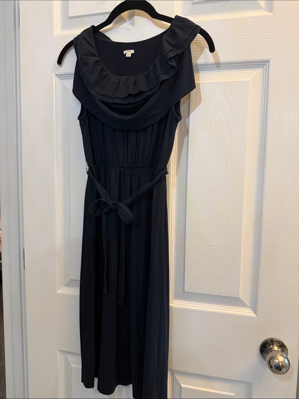 J. Crew True Navy Sleeveless Ruffle-Detail Midi Dress Matte Stretch Jersey